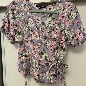 Floral Print Tie Front Wrap Short Sleeve Top